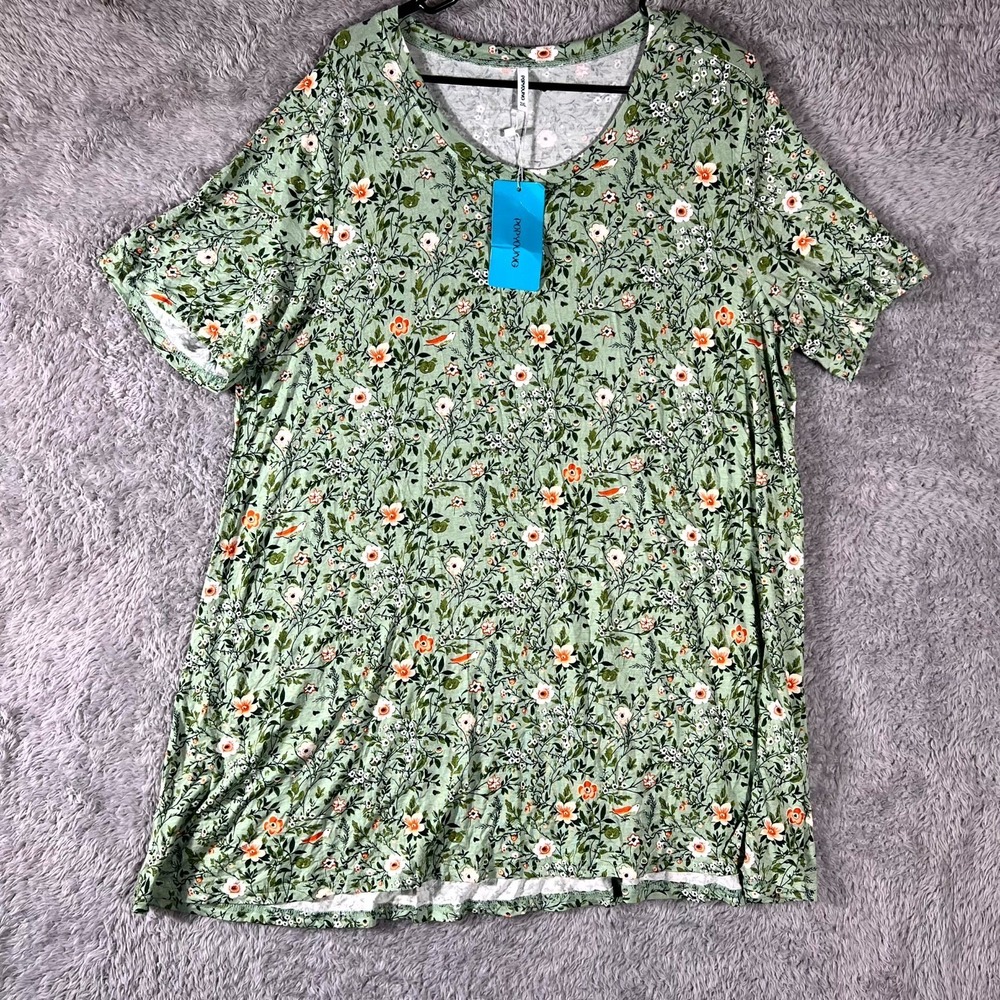 Popyoung T Shirt Womens 2XL Green Floral‎ Stretch Round Neck Casual Short Sleeve